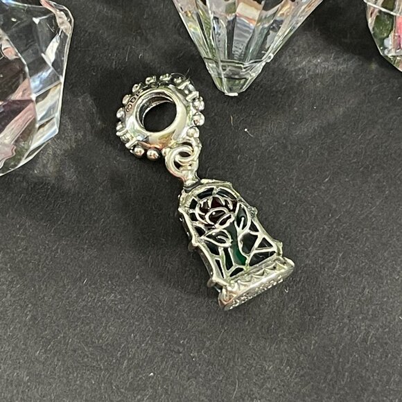 Disney Beauty Beast Dangling Charm Glass Rose Belle Princess Bracelet Silver - Picture 2 of 11